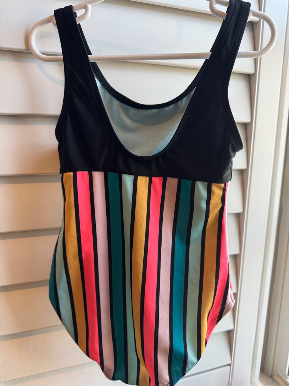 art class Black One-Piece Swimsuit with Teal, Pink, Yellow & Coral Stripes - Picture 2 of 4